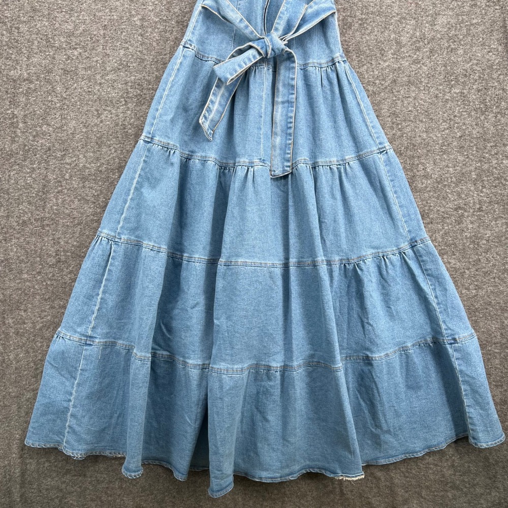 Womens Medium Wash Tiered Denim Maxi Dress O-Ring Strappy Back Blue Size M - Picture 6 of 10